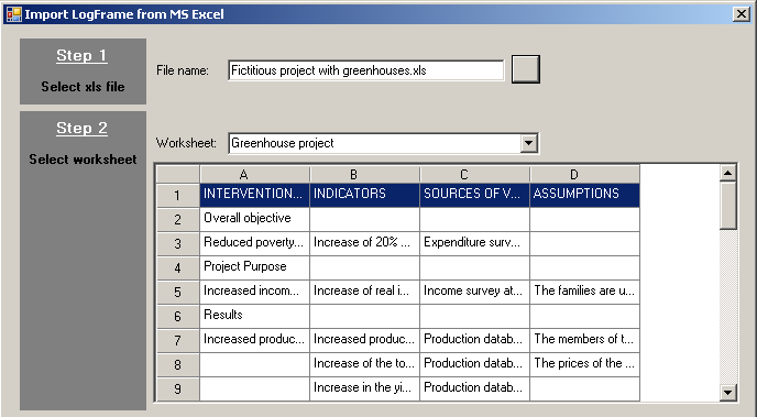 Import logframe from Excel - step 2
