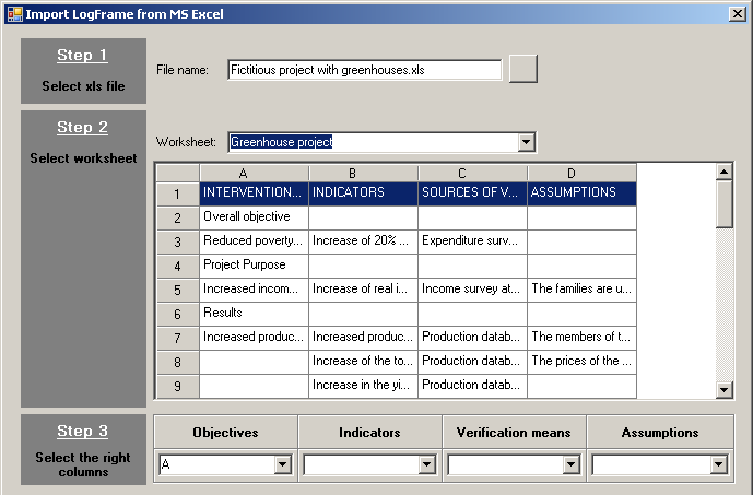 Import logframe from Excel - step 3