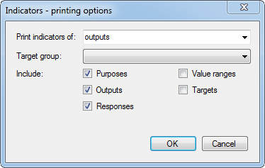 Indicators printing options dialog box