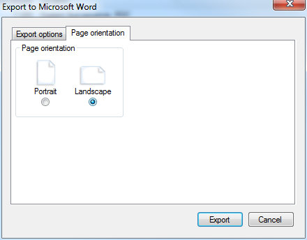 Page orientation options of the Export to Word dialogue