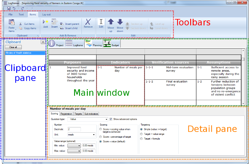 Logframer interface with toolbars, windows and panes