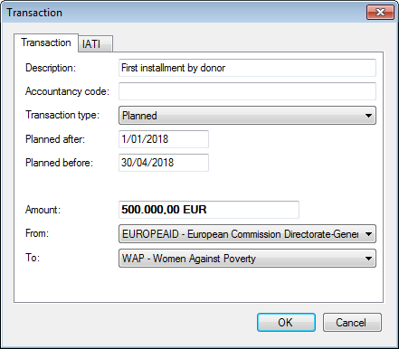 Adding a planned transaction in the Transaction dialogue