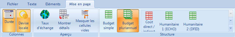 La barre d'outils Mise en page du budget avec les modèles à droite