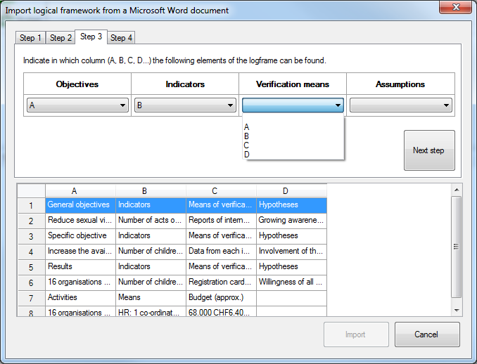 Import logframe from Word - step 3