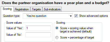 Scoring options of the Yes/No indicator