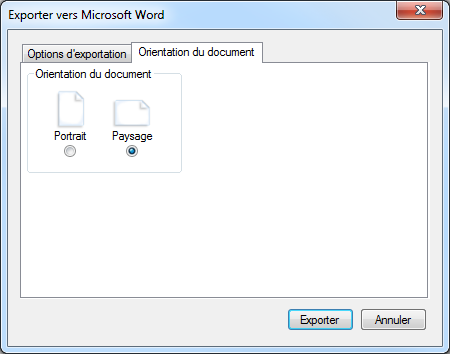 Choisir l'orientation du document dans le dialogue d'exportation vers Word