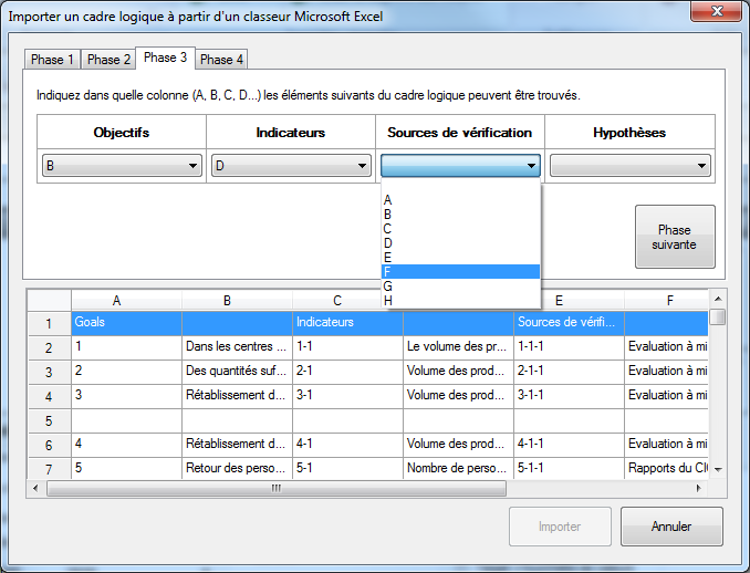 Importer un cadre logique d'un document Excel - phase 3